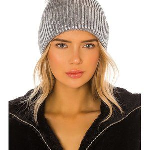 Adrienne Landau Fox Fur Pom-Pom Metallic Silver Beanie